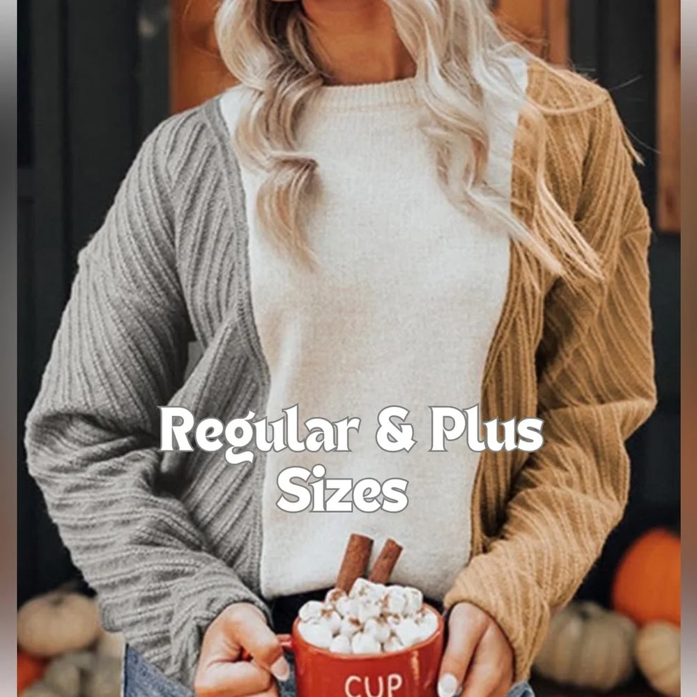 Cozy Sweater, Color Block, Cable Knit Texture, White/Tan/Gray, M L XL 2X - Picture 2 of 16